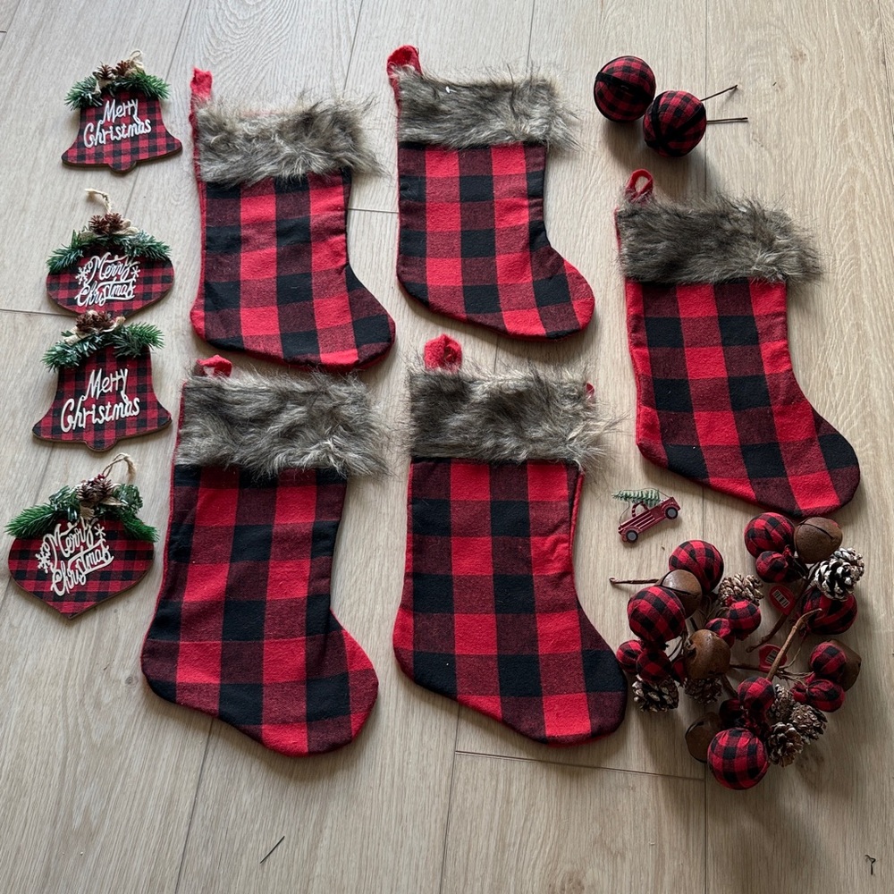 Buffalo Plaid Christmas Pick & Stocking Set - Red and Black